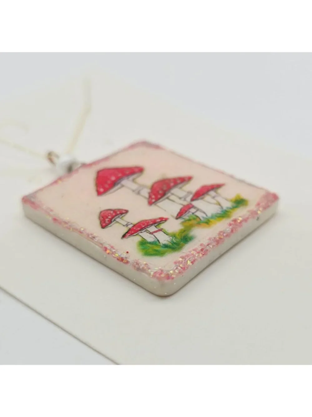 Handmade Mushroom Art Pendant Necklace Glitter Accents & White Bead Detail 1" - Picture 5 of 6
